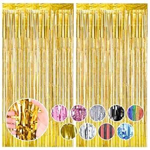 RUBFAC 2 Pack Gold Backdrop Party Decorations Tinsel Foil Fringe Curtains Photo Booth Streamer for New Year Decorations Bachelorette Wedding Engagement Birthday Holiday Celebrations Supplies