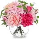 Artificial Flower in Vase, Faux Silk Flowers Arrangement Peony Hydrangea Poppy Eucalyptus Bouquet with Faux Water, Fake Floral Centerpiece for Dining Table Home Decor Wedding Office Shelf - Pink