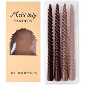 4 Pack Spiral Gradient Taper Candles  Long Pole Unscented Candles, Smokeless & Dripless, Gift Boxed for Wedding, Christmas, Table or Mantle Decor (Brown)