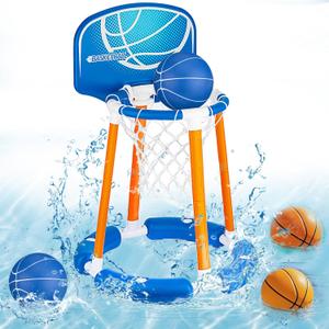 Pool Basketball Hoop with Backboard, Floating Pool Toy for Kids, Inflatbale Basketball Outdoor Toys with 4 Balls & Pump for Swimming Pool, Water Summer Toy for Kids Adults, Blue