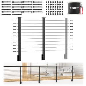 4-10ft Complete Set 36" Side Mount Level Railing Post Kit, 2 Pack Black Fascia Mount Level Drilled Post, 150ft 1/8" Stainless Steel Cable(No Handrail), Swageless Cable Railing Kit, MY10-LP