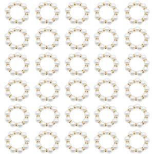 30 Pcs White Pearl Beaded Napkin Rings 1.9 Inch Stretched Rhinestone Napkin Holders, White and Gold