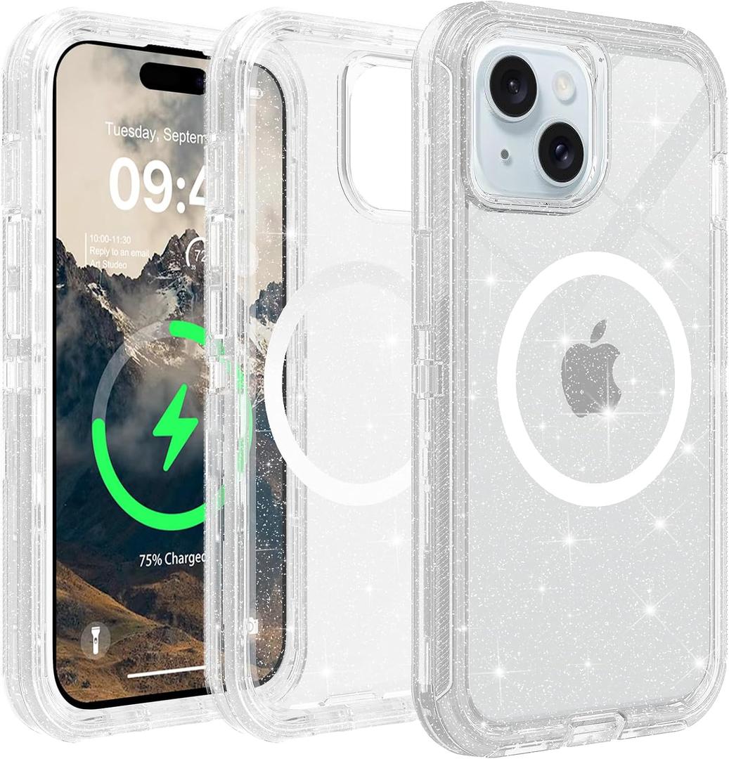 TUTUKII for iPhone 16 Case Compatible with MagSafe, Clear Glitter | 3-Layer Rugged Protection, Anti-Yellowing, Military-Grade Impact Resistance, Transparent Protective Cover 6.1-Inch