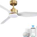 48 Inch Smart Ceiling Fans with Lights and Remote Control,Dimmable LED Light,Outdoor Indoor Gold White Ceiling Fan,Quiet DC Motor,WIFI Alexa App Workable,for Modern Bedroom Living Room Patio