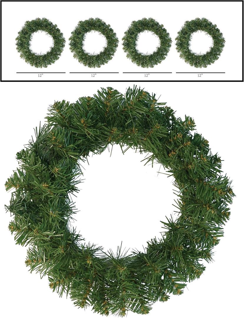 Small Christmas Pine Wreaths 12 Inches Diameter Each - Set of 4 - Artificial Faux Pine Wreaths for Windows, Doors and Holiday Displays