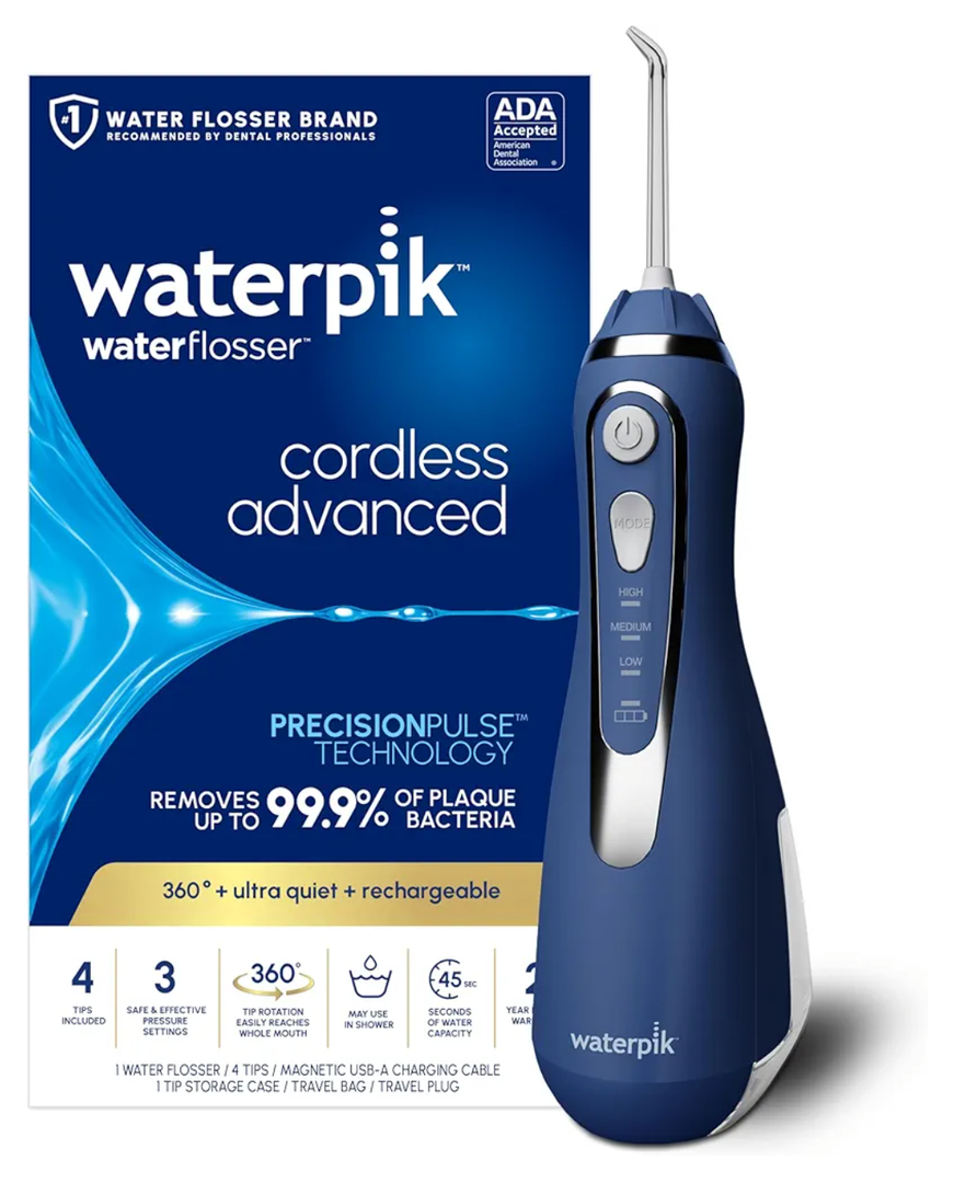 Waterpik Cordless Advanced 2.0 Water Flosser For Teeth, Gums, Braces, Dental Care With Travel Bag and 4 Tips, ADA Accepted, Rechargeable, Portable, and Waterproof, White WP580