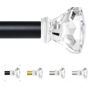 Black Decorative Crystal Curtain Rods 18 to 45 Inch:Heavy Duty Adjustable Window Curtains Rods for Living Room Bedroom,Matte Black Modern Acrylic Drapery Rod with Clear Bling Diamond Finials