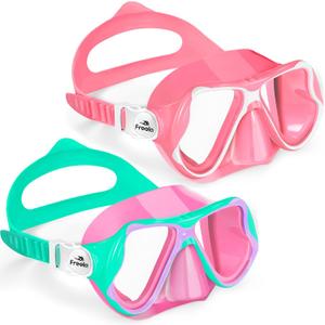 Freela 2 Pack Kids Swim Goggles Mask for Boys Girls 3-14, Tempered Glass Lens 180 HD View with Nose Cover for Pool Beach (Pinkpurple)