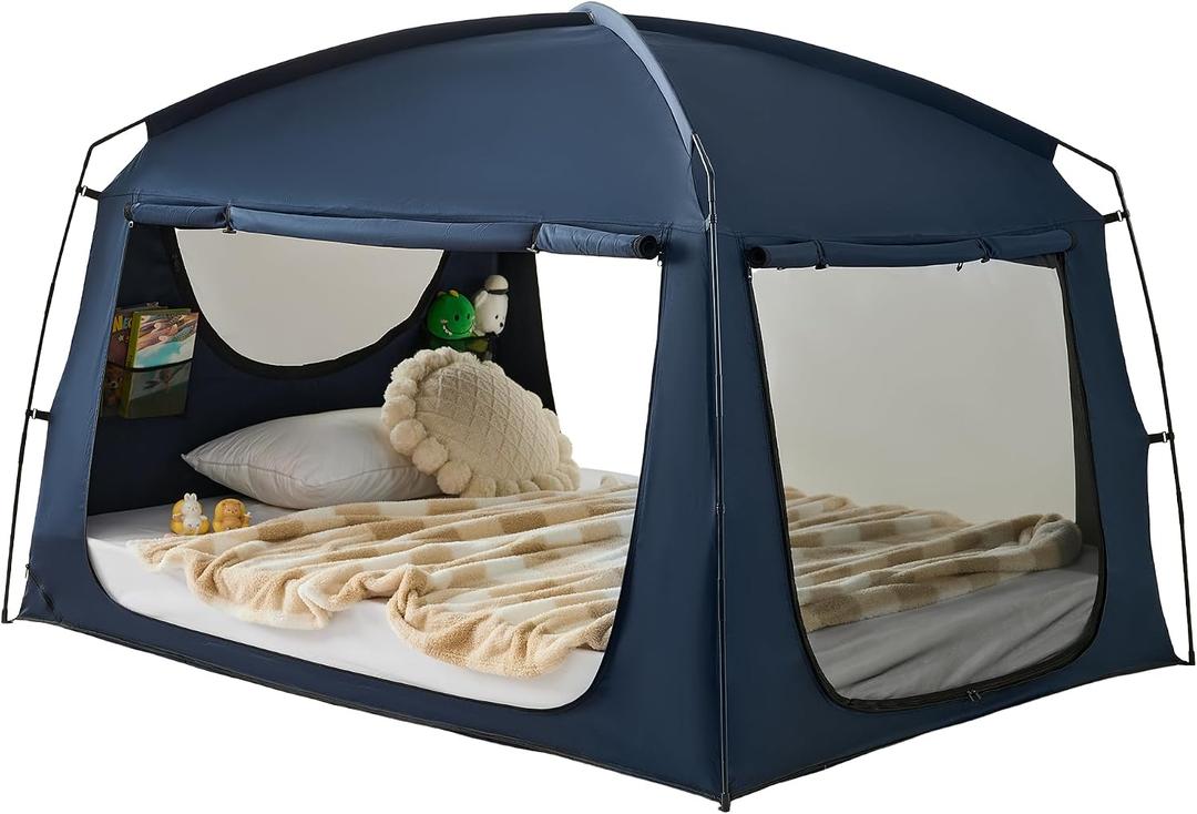 Privacy Sleep Indoor Bed Tent for Adults Kids, Portable Blackout 90% Canopy Tents with 3 Doors Breathable Mesh Windows, Queen