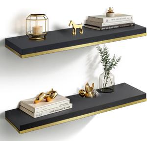 Gronda Floating Shelves for Wall, 23.6 Inch Black Floating Shelves Modern Home Decor Hanging Storage Organizer with Invisible Bracket Wall Mount for Bedroom Living Room Bathroom Kitchen, Set of 2