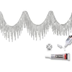 Rhinestone Fringe Belt with Beaded Fringe Trim & Rhinestone Ribbon Tassel Chain for DIY Decoration (Silver, 4 Yard)