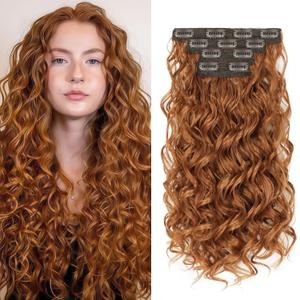 Curly Clip In Hair Extensions, 4PCS 20 Inch Ginger Copper Extensions Clip Ins, Lace Weft Short Curly Invisible Natural Hairpieces for Women