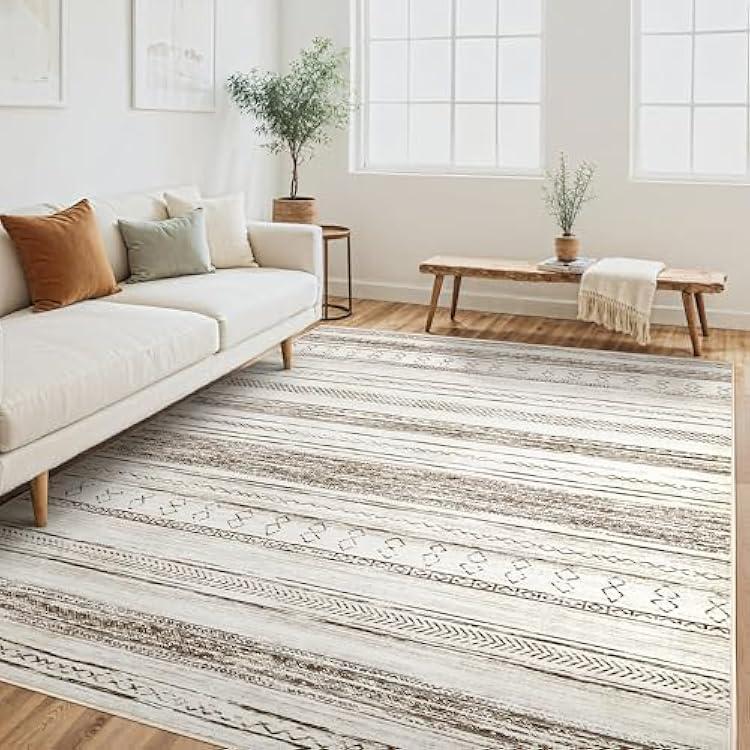 Area Rug Living Room Rugs - 12x15 Washable Large Soft Neutral Boho Moroccan Bohemian Farmhouse Rug Indoor Floor Carpet for Bedroom Under Dining Table Home Office Decor - Cream Brown