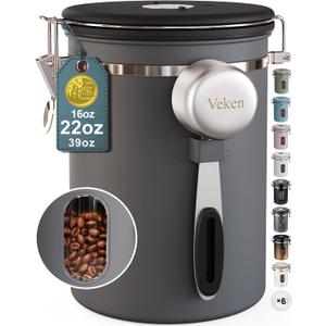 Veken Coffee Canister with Window,Airtight Stainless Steel Kitchen Food Storage Container, Date Tracker & Scoop for Grounds Coffee, Beans, Tea, Flour, Cereal,Sugar,22OZ,Grey