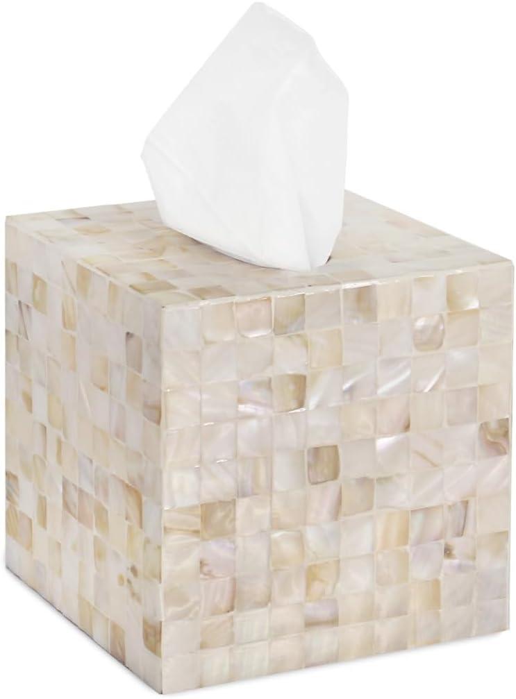PEMAR 5.9 Cube Mother of Pearl Tissue Box Cover, Decorative Napkin Dispenser Organizer, Rustic Farmhouse Vintage Decor for Table, Kitchen, Bathroom Vanity Countertop, Office , White Sand 