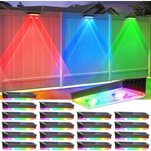 Solar Fence Lights Outdoor, 20 Pack Warm White/RGB Fence Solar Lights with 2 LED, IP65 Waterproof, Backyard Patio Decor for Deck, Wall, Railing, Pool, Stair