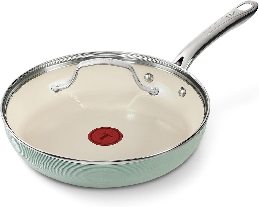 T-Fal Inspire Ceramic Frying Pans Nonstick 10.5 Inch Skillet with Lid, Oven Safe to 500°F, Cookware Stainless Steel Handle, Mint Green