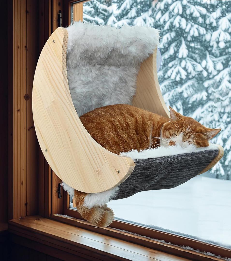 HAPYKITYS Window Cat Beds with Ultra Plush Hammock, Moon Shelves Mounted with Strong Suction Cups, Cat Window Seat for Overlooking and Sunbathing(Faux Wool Fur)