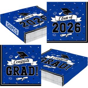 50 Pack Graduation Napkins, 6.5 X 6.5 Inches Blue Graduation Decorations 2026, Disposable Grad Napkins Class of 2026 Decorations with Caps Ribbons Style, Grad Paper Tissues for Graduate Party Supplies