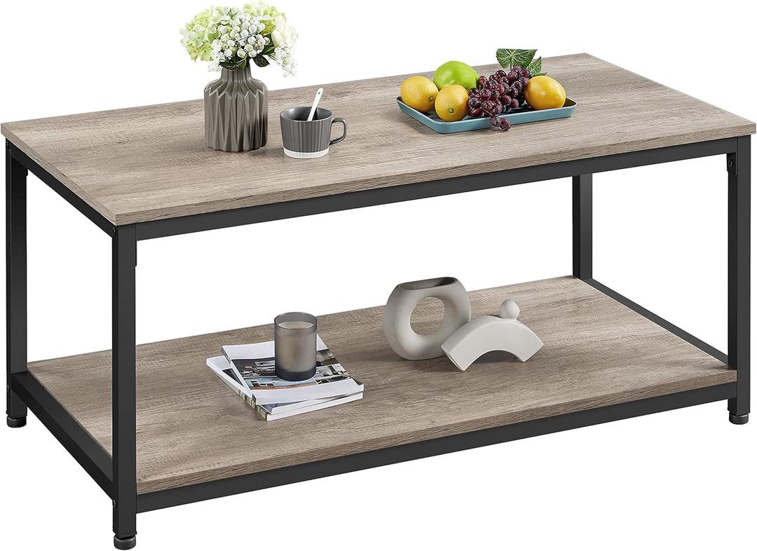 Yaheetech 39.5" 2-Tier Coffee Table with Storage Shelve, Industrial Gray Coffee Table, Easy Assembly, Wooden Center Tables for Living Room & Small Space, Gray (Grey)