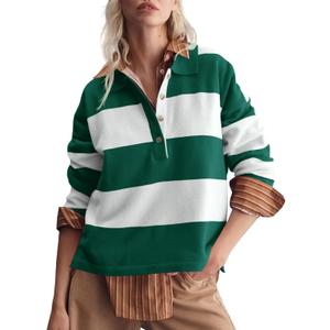 Saodimallsu Womens Striped Collared Sweaters Color Block Polo V Neck Shirts Button Long Sleeve Loose Knit Pullover Tops (Medium, Green)