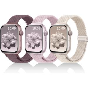 3 Pack Slim Braided Stretchy Bands Compatible with Apple Watch Band 38mm 40mm 41mm 42mm 44mm 45mm 46mm 49mm Women Men, Thin Nylon Magnetic Strap Bands for iWatch Series 10/9/8/7/6/5/4/3/2/1/SE Ultra