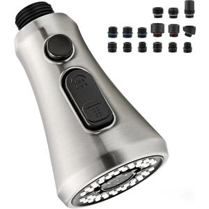 J-HVA Kitchen Faucet Head, Pull Down Kitchen Sink Sprayer Head Replacement for Kitchen Faucet, 3 Functions High Pressure Sink Spray Nozzle, Spray Head with 15 Adapters, Brushed Nickel