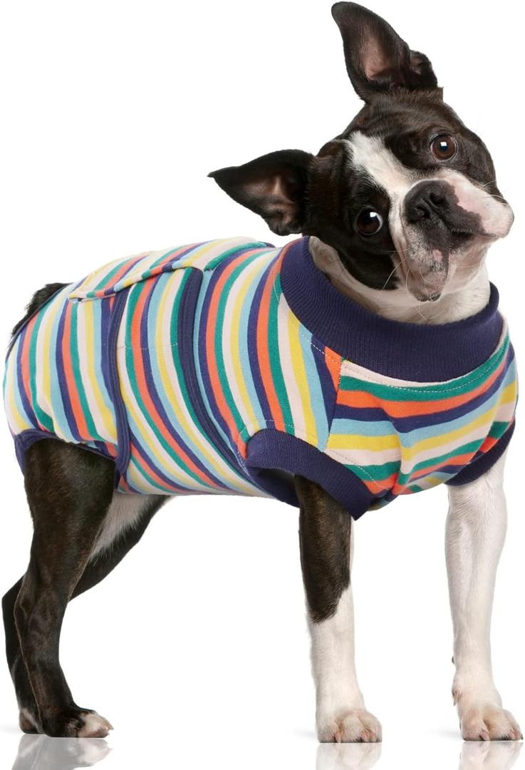 FUAMEY Recovery Suit for Dogs After Surgery,Soft Breathable Dog Bodysuit E-Collar & Cone Alternative Surgical Suit,Male Female Dog Neuter Spay Suits Anti Licking Wounds Onesie Dark Blue Stripes L (Back:16.1-20.1in,WT:23-48lbs)