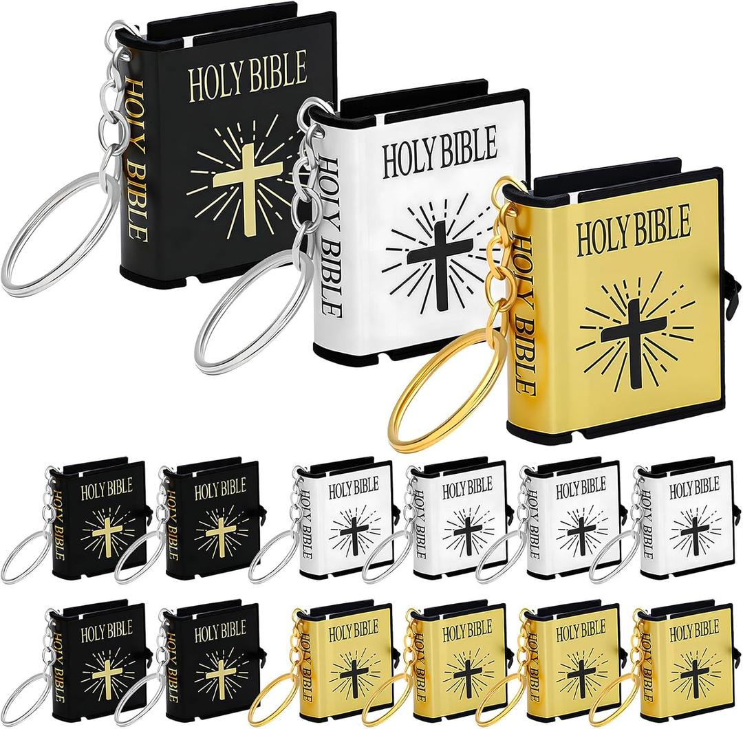 ONEST 15 Pieces Mini Bible Keychains Mini Bible Handbag Pendant Gift Religious Favors Black Silver Gold Bible Covers