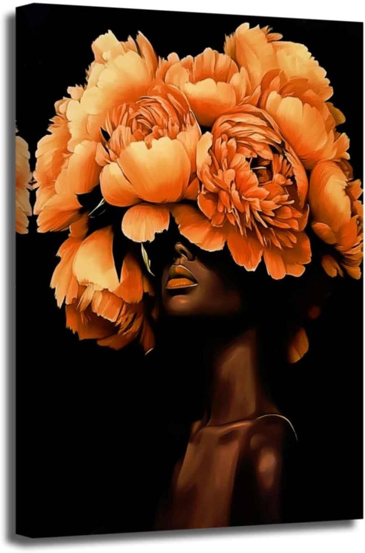 ZSHARTSWD African American Canvas Wall Art Black Woman with Flowers on Head Picture Abstract Black Girl Painting Prints for Girls Room Bathroom Decor Framed (Orange, 20L x 16W)