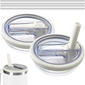 2 Pack Flip Straw Leak Proof Lid for Stanley 40 oz Tumbler Quencher - Reusable Spill Proof Lid Top Cover Stanley 40oz Cup Accessories - Replacement of Leaking Original Stanley Lids - Beige