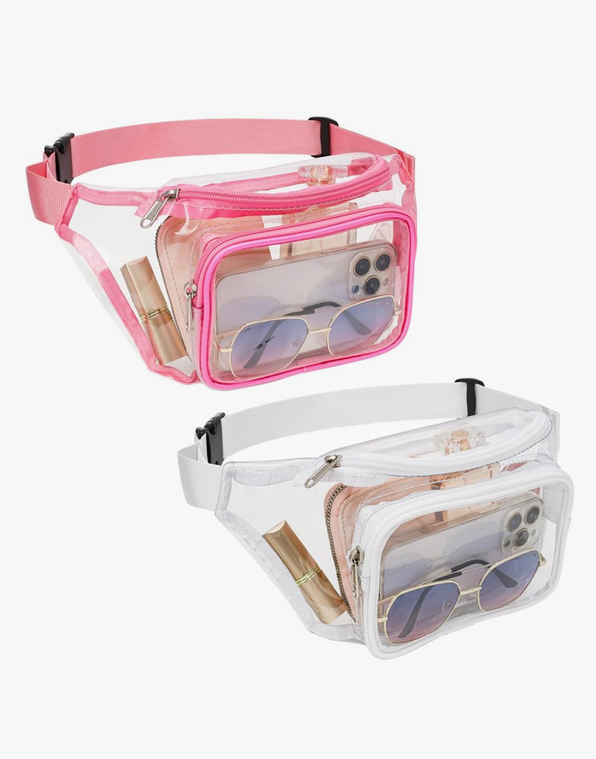 Veckle 2 Pack Clear Fanny Pack Stadium Approved - Adjustable Belt Bag for Women Men Fits Sport Events, Travel, Beach, Concerts, Stadium Waist Bag, White + Pink