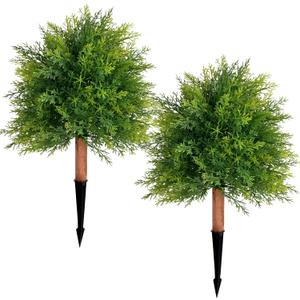 28" Artificial Cedar Topiary Ball Trees, 2 Pack Fake Plants with UV Resistant Evergreen Texture, Durable Ground Spikes Faux Shrubs Bushes Artificial Plants for Outdoor Indoor Front Porch Garden Decor