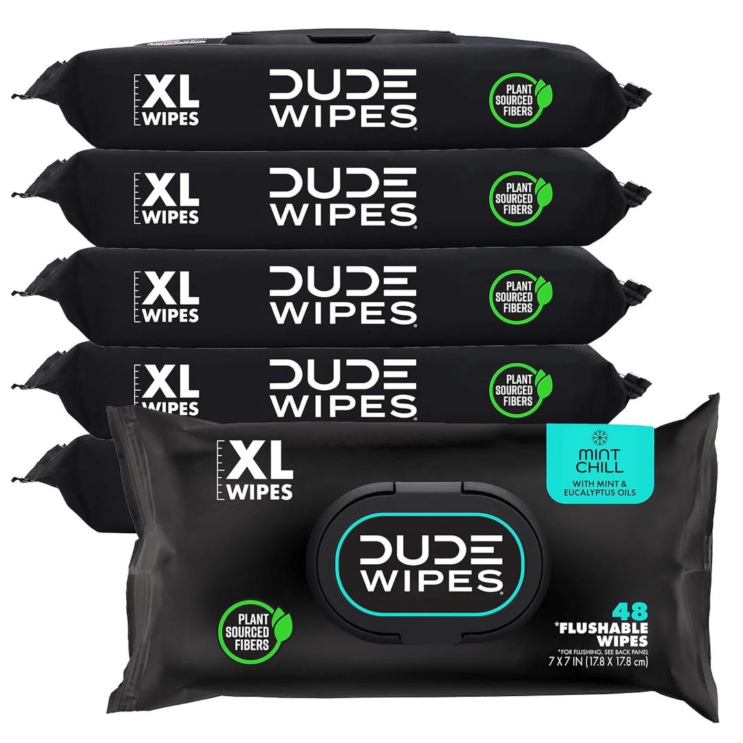 DUDE Wipes Mint Chill Flushable Wipes - Extra-Large Adult Wet Wipes - 6 Pack (288 Count) - Infused with Tea Tree Oil, Vitamin E, and Aloe - Septic and Sewer Safe
