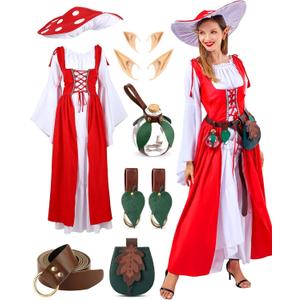 10 Pcs Mushroom Elf Costume Women Renaissance Outfit with Mushroom Hat Elf Ears Leaf Belt Bag Skirt Hikes (X-Small)
