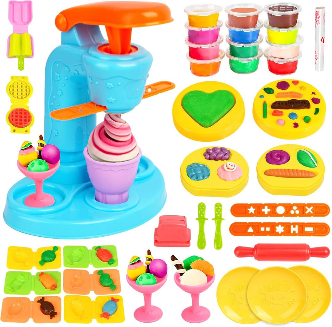 SANCO Dough Sets - 45Pcs Ice Cream Maker Kit with 12 Colors Clay Dough, Kitchen Creations Toy Food Set for Kids 3-8 , Birthday for Boys Girls