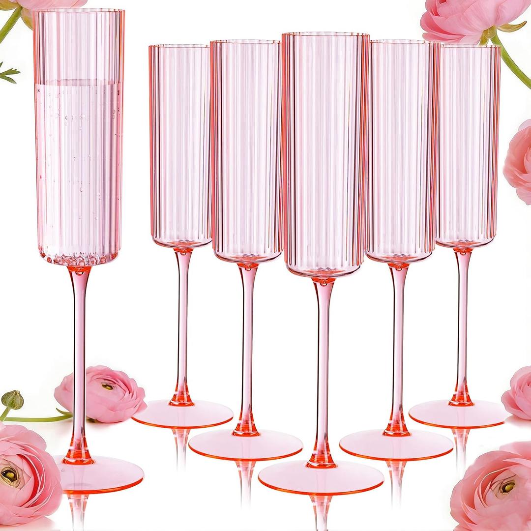 Ciaell 24 Pack Pink Plastic Champagne Flutes - 6oz Ribbed Disposable Champagne Glasses - Pink Vintage Mimosa Glasses with Long Stem, Elegant & Lightweight for Weddings and Party