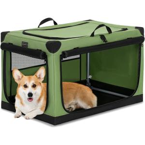 PETSFIT 30" Soft Portable Dog Crate Patented Spiral Sturdy Frame, Collapsible Travel Kennel for Medium Dogs, 3 Mesh Door, Lockable Zippers, Indoor & Car Use Green