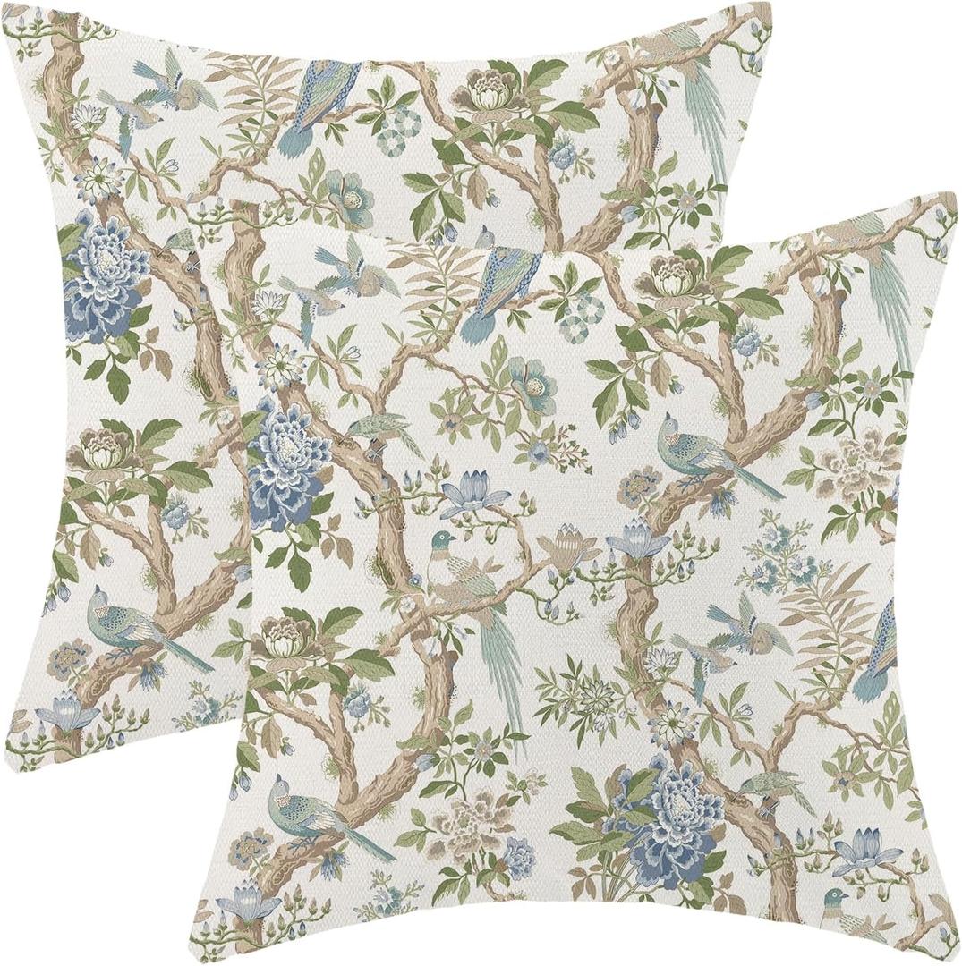 CXMEIFLY Chinoiserie Spring Pillow Covers 20 x 20 Inch Set of 2 for Blue Sage Green Vintage Flowers Bird Decor Throw Pillows Plant Farmhouse Outdoor Decorative Cushion Cases for Couch Bed Decorations (20" x 20" (Pack of 2), Blue Sage Green Floral Bird)