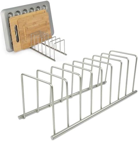 Spectrum Euro Cutting Board Holder Stand for Countertop or Inside Kitchen Cabinet Organization Satin Nickel, 8 Slot Cutting Board Drying Rack or Cabinet Plate Bakeware Storage Organizer