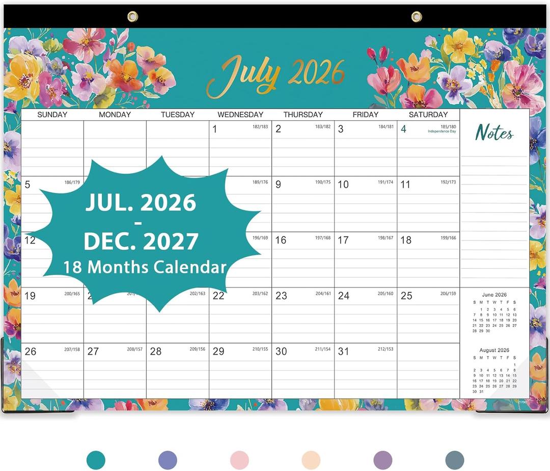 Desk Calendar 2026-2027 - JULY 2026 - DEC. 2027, 17" x 12", Large Desk Calendar, 18-Month Desktop/Wall Monthly Calendar for Home School, or Office - Floral Pattern