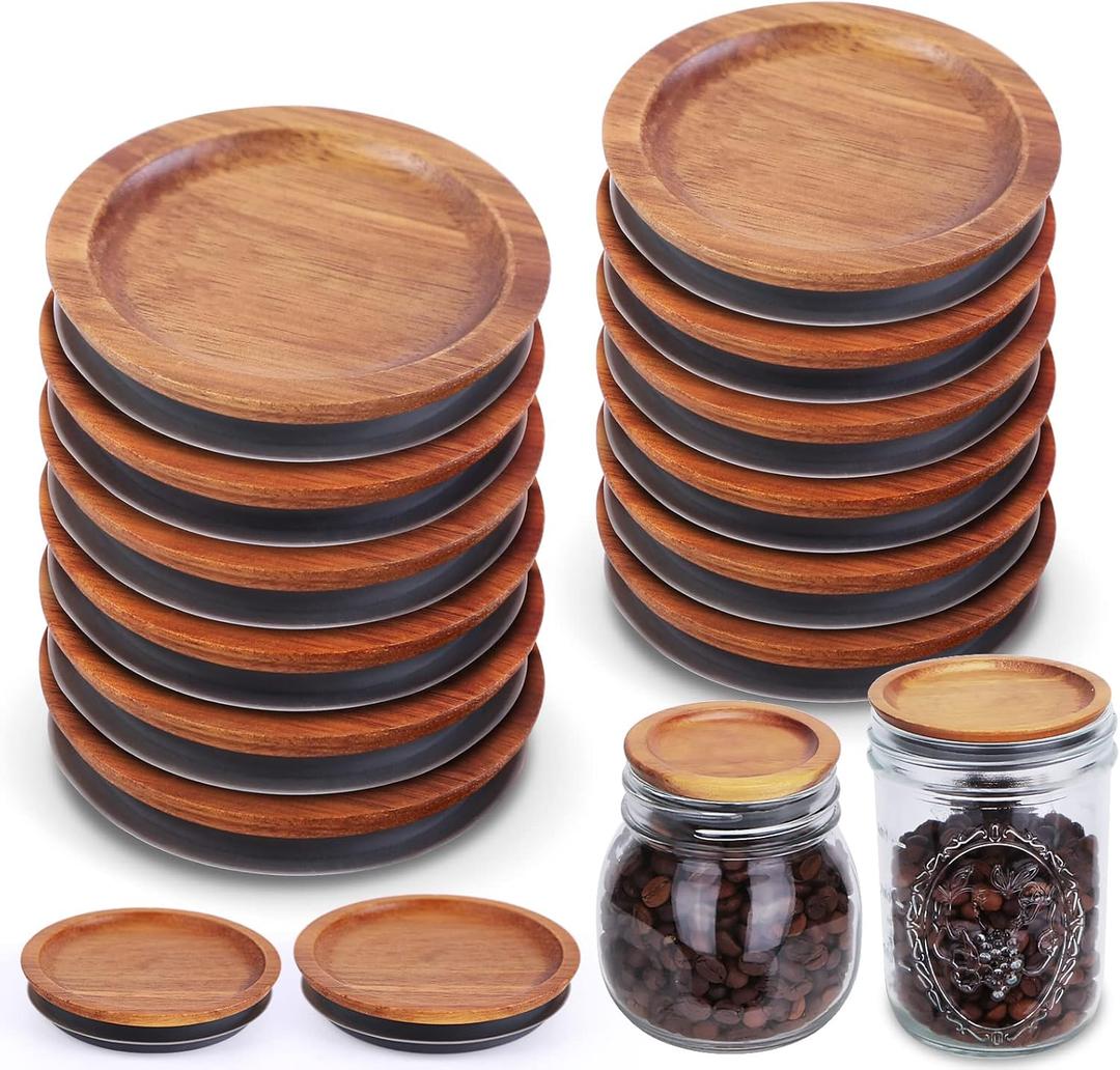 6Pack Regular Mouth and 6Pack Wide Mouth Mason Jar Lids Acacia Wooden Storage Canning Jar Lids Ball Jars Bamboo Wooden Lids with Airtight Silicone Seal, Brown