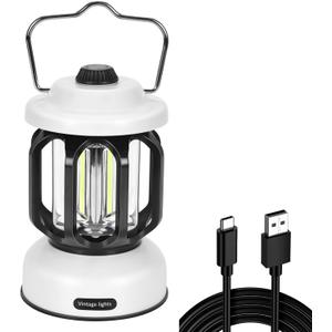 Camping Lantern Rechargeable, 360 Brightness Dimmable Retro Camping Light, Hanging Vintage Camping Lamp Outdoor Tent Light for Power Outage, Hurricane, Emergency, 3A Battery Included, White