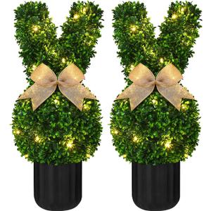 2 Sets Easter Bunny Topiary Tree Artificial Rabbit Topiary Outdoor Decorations 23.6 in Artificial Bunny-Shaped Tree Faux Boxwood Plant with String Lights for Garden Home Indoor Porch Decor