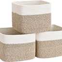3 Pack Cube Storage Bin, 9”x9”x7” Cotton Rope Woven Baskets for Organizing Toys Clothes Towels, Square Gift Storage Baskets for Shelves, Nursery, Closet, Bathroom, Pantry (White & Jute)
