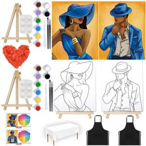 VALLSIP Paint and Sip Party Kit for Couples Date Night Painting Set with 2 Pre-Drawn Canvases 8 Acrylic Paints 6 Brushes & Apron Beginner Friendly Art Kit for Girls Night or Bachelorette Party