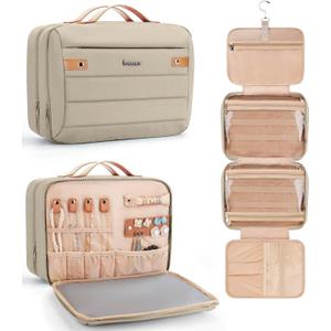 Women's Hanging Toiletry Bag, Waterproof Travel Cosmetic Organizer with Jewelry Storage, Large Capacity Makeup Case for Full-Size Skincare & Bathroom Essentials, Portable Cosmetic kit, Khaki