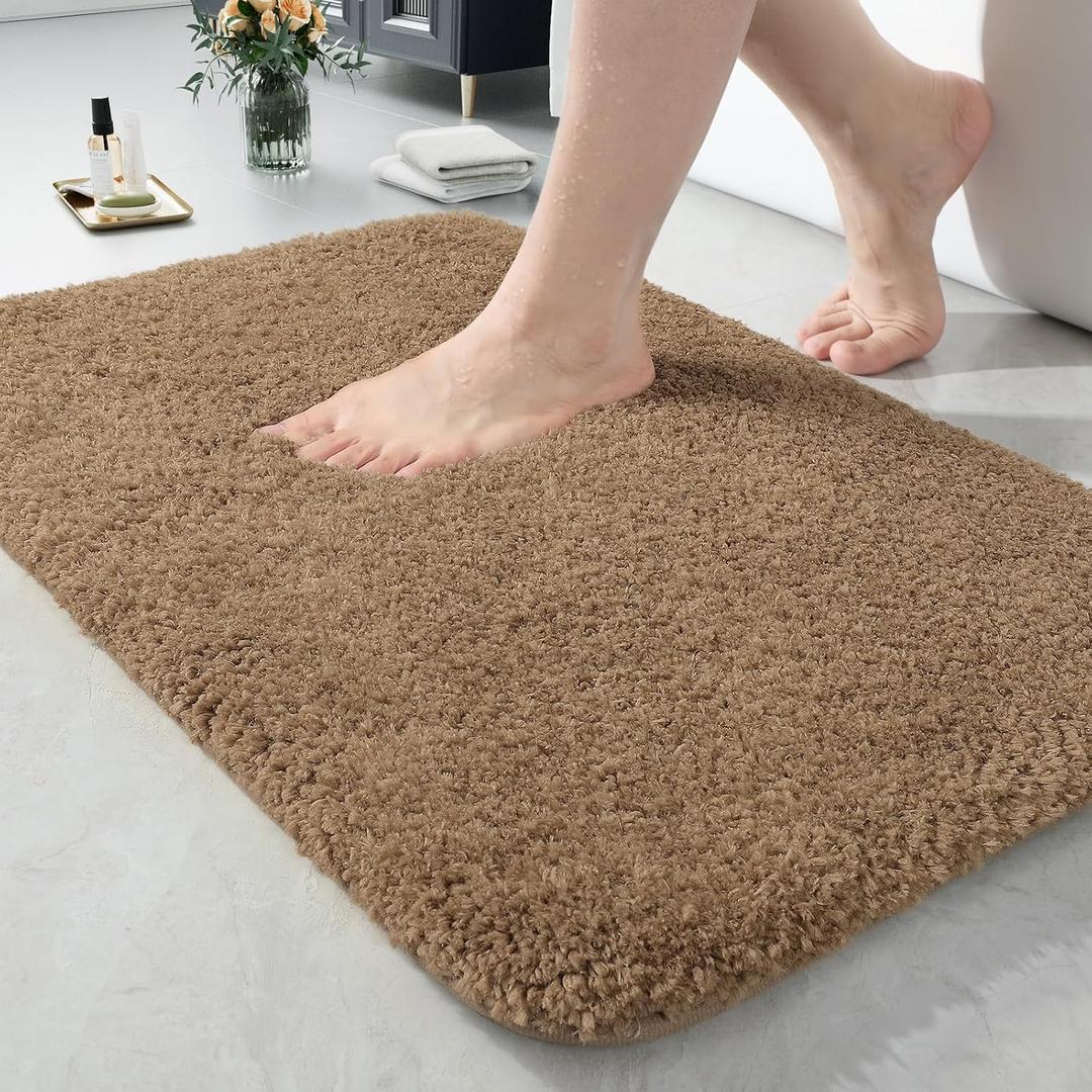 LOCHAS Bathroom Rug 24x17 Inch, Soft Thick Absorbent Microfiber Bath Rugs for Bathroom, Machine Washable, Shaggy Plush Non Slip Bath Mat for Tub, Shower Floor, Quick Dry Mats, Light Brown