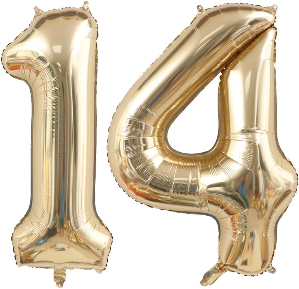 40 Inch Light Gold 14 Number Balloons White Gold Giant 41 Foil Mylar Helium Large Digital Balloon Champagne Gold Birthday Numbers Jumbo Balloons 14th or 41st Anniversary Party Decorations Supplies