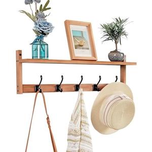 Exper City Coat Rack Wall Mount with Shelf, 26IN Wooden Coat Hanger Hooks Wall Mount with 5 Metal Hooks, Hanging Shelf with Hooks, Wood